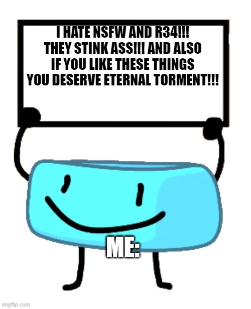 Bracelety Sign | I HATE NSFW AND R34!!! THEY STINK ASS!!! AND ALSO IF YOU LIKE THESE THINGS YOU DESERVE ETERNAL TORMENT!!! ME: | image tagged in bracelety sign | made w/ Imgflip meme maker
