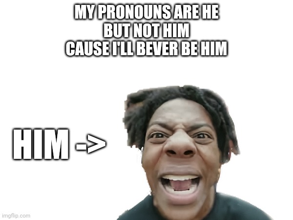 MY PRONOUNS ARE HE
BUT NOT HIM
CAUSE I'LL BEVER BE HIM; HIM -> | made w/ Imgflip meme maker