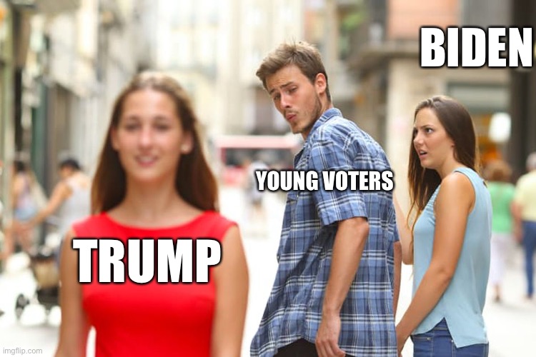 The left unable to understand why | BIDEN; YOUNG VOTERS; TRUMP | image tagged in memes,distracted boyfriend | made w/ Imgflip meme maker