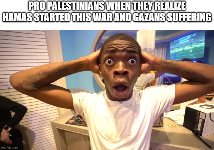 They will always be stupid | PRO PALESTINIANS WHEN THEY REALIZE HAMAS STARTED THIS WAR AND GAZANS SUFFERING | image tagged in suprised black man,israel,palestine,dumb,stupid people,stupid | made w/ Imgflip meme maker