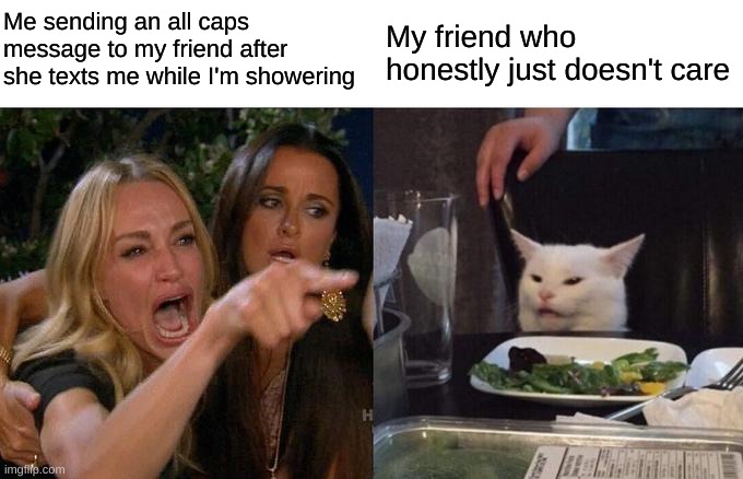 FOR THE LOVE OF ALL THAT'S HOLY I WAS IN THE SHOWER!!!1!!! | Me sending an all caps message to my friend after she texts me while I'm showering; My friend who honestly just doesn't care | image tagged in memes,woman yelling at cat,friends,texting,shower | made w/ Imgflip meme maker