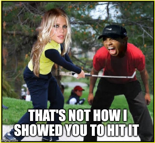 tiger woods | THAT'S NOT HOW I SHOWED YOU TO HIT IT | image tagged in tiger woods | made w/ Imgflip meme maker
