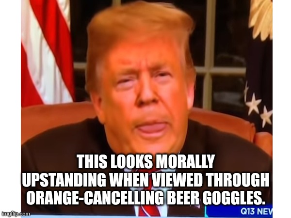 THIS LOOKS MORALLY UPSTANDING WHEN VIEWED THROUGH ORANGE-CANCELLING BEER GOGGLES. | image tagged in trump,nevertrump,donald trump the clown,trump unfit unqualified dangerous,trump supporter | made w/ Imgflip meme maker
