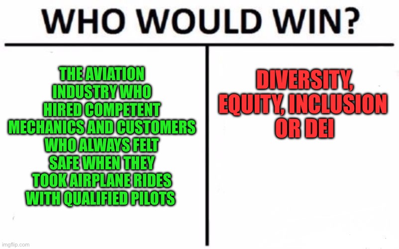 Who Would Win? Meme | THE AVIATION INDUSTRY WHO HIRED COMPETENT MECHANICS AND CUSTOMERS WHO ALWAYS FELT SAFE WHEN THEY TOOK AIRPLANE RIDES WITH QUALIFIED PILOTS; DIVERSITY, EQUITY, INCLUSION 
OR DEI | image tagged in memes,who would win | made w/ Imgflip meme maker