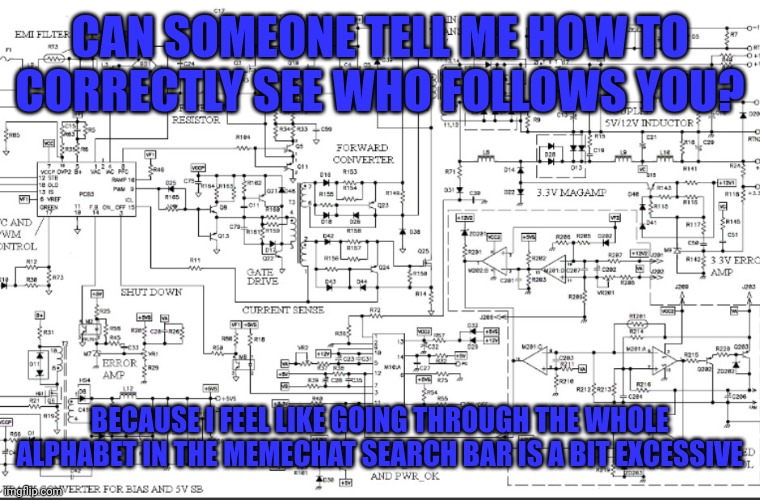Can somebody help pls | CAN SOMEONE TELL ME HOW TO CORRECTLY SEE WHO FOLLOWS YOU? BECAUSE I FEEL LIKE GOING THROUGH THE WHOLE ALPHABET IN THE MEMECHAT SEARCH BAR IS A BIT EXCESSIVE | image tagged in cuircury,halp | made w/ Imgflip meme maker