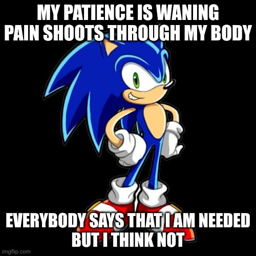You're Too Slow Sonic | MY PATIENCE IS WANING
PAIN SHOOTS THROUGH MY BODY; EVERYBODY SAYS THAT I AM NEEDED
BUT I THINK NOT | image tagged in memes,you're too slow sonic | made w/ Imgflip meme maker