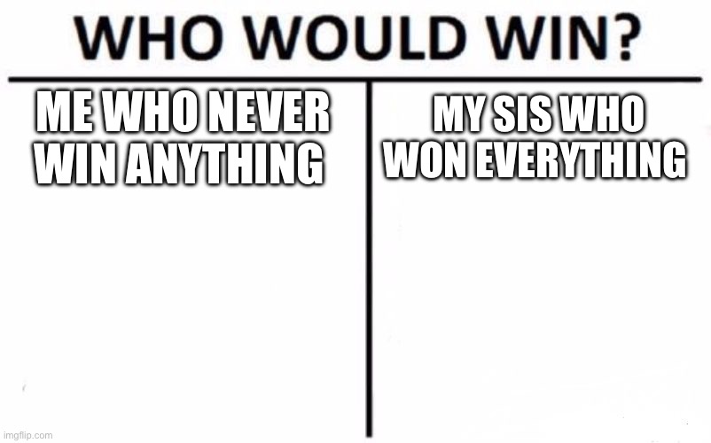 Idk what to tittle this | ME WHO NEVER WIN ANYTHING; MY SIS WHO WON EVERYTHING | image tagged in memes,who would win | made w/ Imgflip meme maker