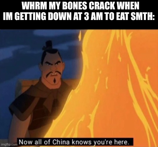 Now all of China knows you're here | WHRM MY BONES CRACK WHEN IM GETTING DOWN AT 3 AM TO EAT SMTH: | image tagged in now all of china knows you're here | made w/ Imgflip meme maker