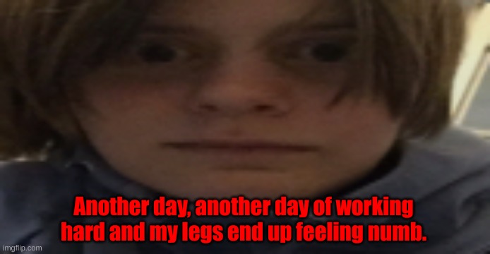 It's almost nighttime already... | Another day, another day of working hard and my legs end up feeling numb. | image tagged in darthswede silly serious face | made w/ Imgflip meme maker
