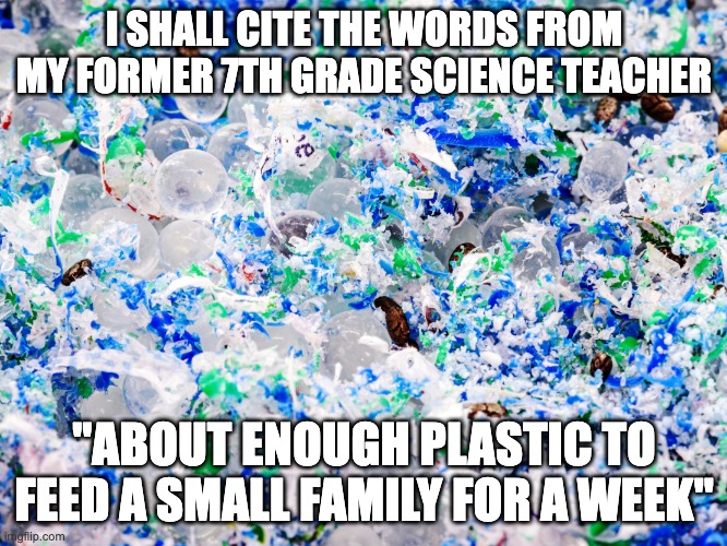 No, I'm actually serious. | I SHALL CITE THE WORDS FROM MY FORMER 7TH GRADE SCIENCE TEACHER; "ABOUT ENOUGH PLASTIC TO FEED A SMALL FAMILY FOR A WEEK" | image tagged in plastic | made w/ Imgflip meme maker