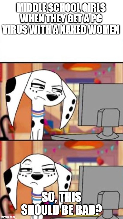 Really, dog? | MIDDLE SCHOOL GIRLS WHEN THEY GET A PC VIRUS WITH A NAKED WOMEN; SO, THIS SHOULD BE BAD? | image tagged in really dog,memes,funny,wtf,huh | made w/ Imgflip meme maker