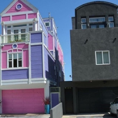 pink house and goth house | image tagged in pink house and goth house | made w/ Imgflip meme maker