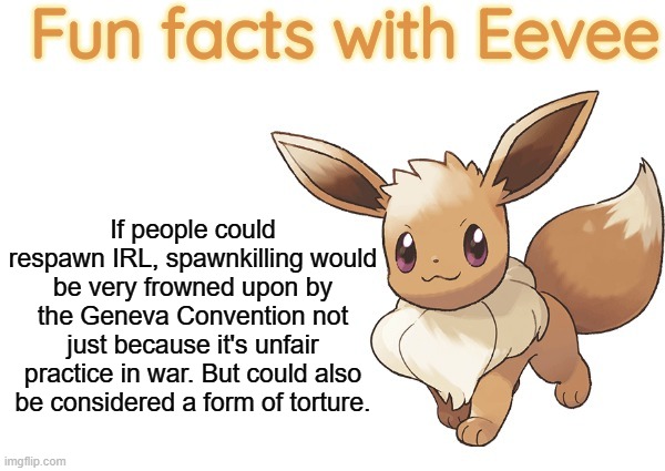 If we could respawn would it solve, or create more problems? | If people could respawn IRL, spawnkilling would be very frowned upon by the Geneva Convention not just because it's unfair practice in war. But could also be considered a form of torture. | image tagged in fun facts with eevee,eevee | made w/ Imgflip meme maker