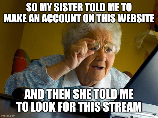 I also based my username after hers | SO MY SISTER TOLD ME TO MAKE AN ACCOUNT ON THIS WEBSITE; AND THEN SHE TOLD ME TO LOOK FOR THIS STREAM | image tagged in memes,grandma finds the internet | made w/ Imgflip meme maker