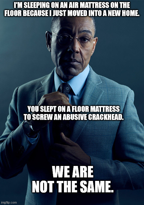 Floor Mattress | I'M SLEEPING ON AN AIR MATTRESS ON THE FLOOR BECAUSE I JUST MOVED INTO A NEW HOME. YOU SLEPT ON A FLOOR MATTRESS TO SCREW AN ABUSIVE CRACKHEAD. WE ARE NOT THE SAME. | image tagged in gus fring we are not the same,chantal,foodie beauty,floor mattress | made w/ Imgflip meme maker