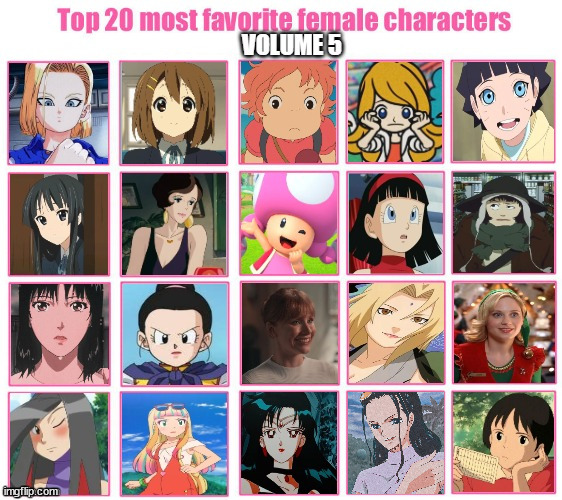 top 20 favorite female characters volume 5 | image tagged in top 20 favorite female characters volume 5,favorites,female,empowerment,top 10,anime | made w/ Imgflip meme maker