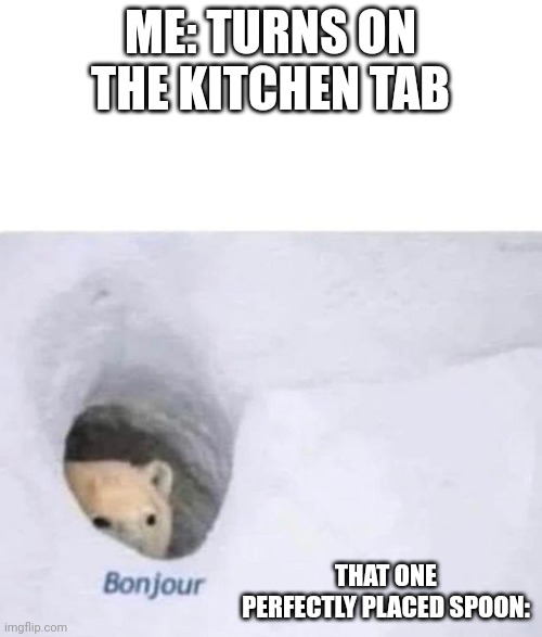 Always those spoons splashing you wet | ME: TURNS ON THE KITCHEN TAB; THAT ONE PERFECTLY PLACED SPOON: | image tagged in bonjour | made w/ Imgflip meme maker