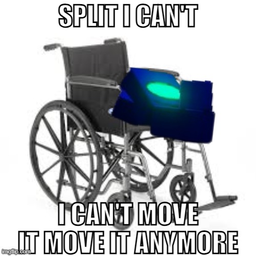 mogref can't move it move it anymore | SPLIT I CAN'T; I CAN'T MOVE IT MOVE IT ANYMORE | image tagged in wheelchair,regretevator | made w/ Imgflip meme maker