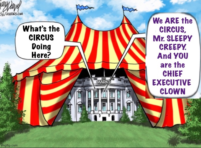 It Can’t End Soon Enough | What’s the
CIRCUS
Doing
Here? We ARE the
CIRCUS,
Mr. SLEEPY
CREEPY.
And YOU
are the
CHIEF
EXECUTIVE 
CLOWN; MARKO | image tagged in memes,clowns r supposed to b funny,but this clown show is sick,demonrats r evil,fjb voters progressives kissmyass | made w/ Imgflip meme maker