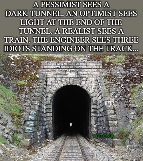 funny | A PESSIMIST SEES A DARK TUNNEL. AN OPTIMIST SEES LIGHT AT THE END OF THE TUNNEL. A REALIST SEES A TRAIN. THE ENGINEER SEES THREE IDIOTS STANDING ON THE TRACK... VICTORIA | image tagged in jokes | made w/ Imgflip meme maker