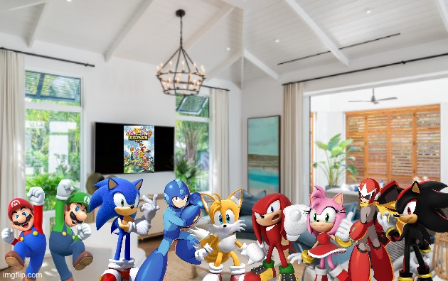 Mario and friends watching Digimon in their living room | image tagged in living room,super mario,sonic the hedgehog,megaman,digimon,crossover | made w/ Imgflip meme maker