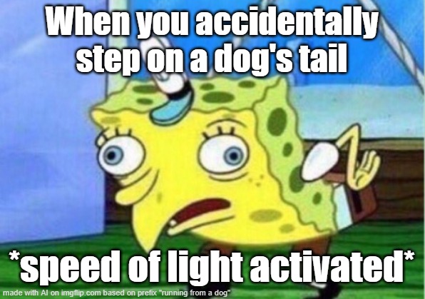 Mocking Spongebob | When you accidentally step on a dog's tail; *speed of light activated* | image tagged in memes,mocking spongebob | made w/ Imgflip meme maker