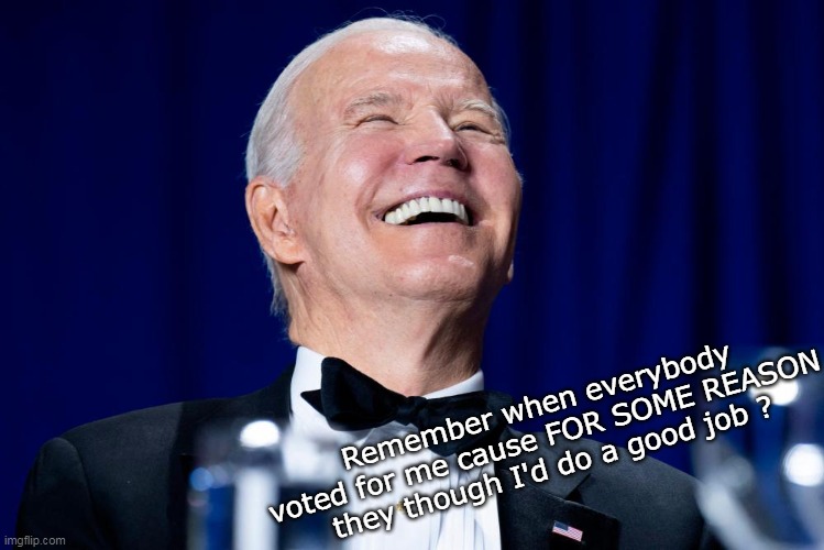 Those people have NO EXCUSE now | Remember when everybody voted for me cause FOR SOME REASON they though I'd do a good job ? | image tagged in biden the jokes on us meme | made w/ Imgflip meme maker