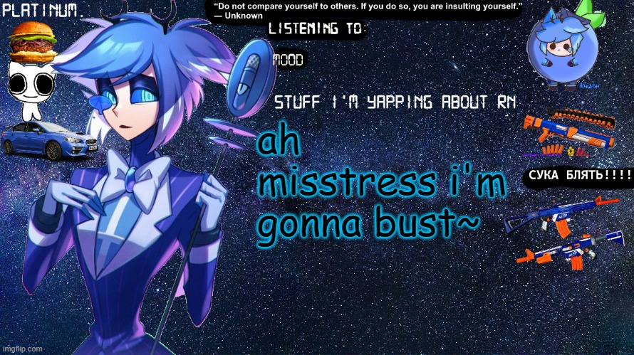 /hj | ah misstress i'm gonna bust~ | image tagged in platinum annoucement template | made w/ Imgflip meme maker