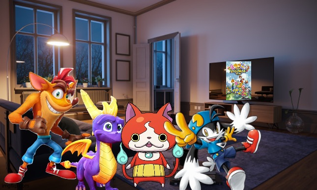 Crash bandicoot and Friends watching Digimon in their living room | image tagged in living room | made w/ Imgflip meme maker