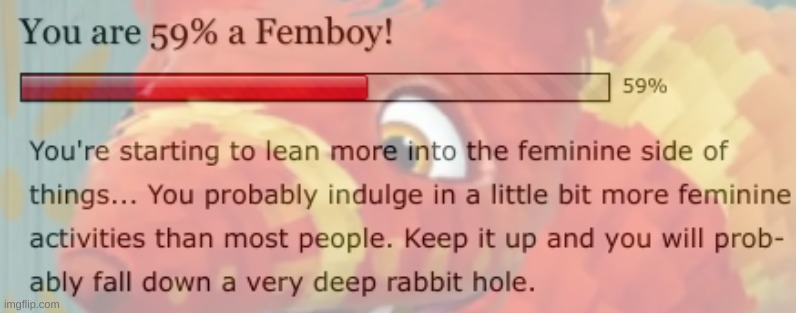 i'm apparently 59% femboy https://www.gotoquiz.com/results/are_you_a_femboy_3 | made w/ Imgflip meme maker