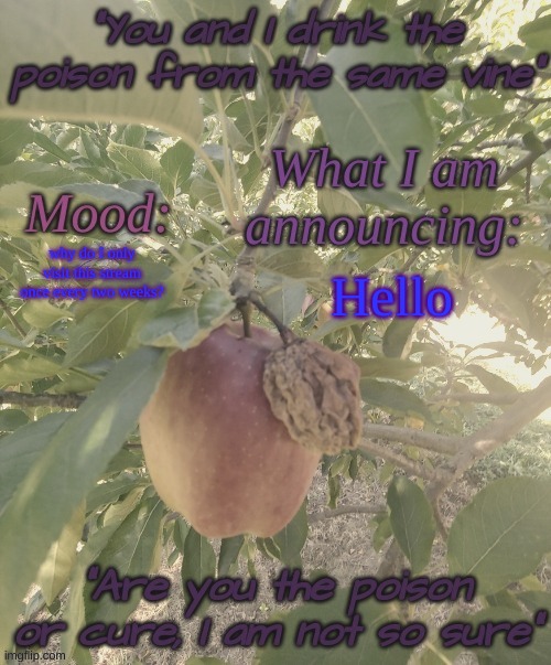 @Poison's other announcement temp | why do I only visit this stream once every two weeks? Hello | image tagged in poison's other announcement temp | made w/ Imgflip meme maker
