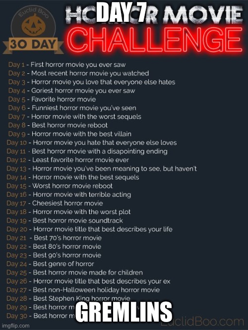 30 day horror movie challenge | DAY 7; GREMLINS | image tagged in 30 day horror movie challenge | made w/ Imgflip meme maker