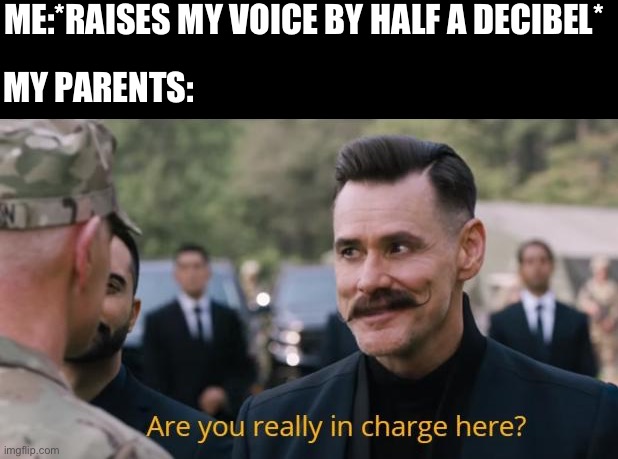 Are you really in charge here? | ME:*RAISES MY VOICE BY HALF A DECIBEL*; MY PARENTS: | image tagged in are you really in charge here | made w/ Imgflip meme maker