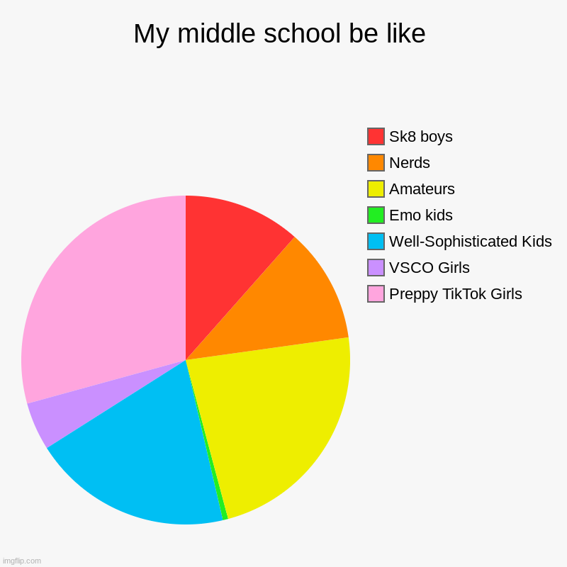 My middle school be like | Preppy TikTok Girls, VSCO Girls, Well-Sophisticated Kids, Emo kids, Amateurs, Nerds, Sk8 boys | image tagged in charts,pie charts,school | made w/ Imgflip chart maker