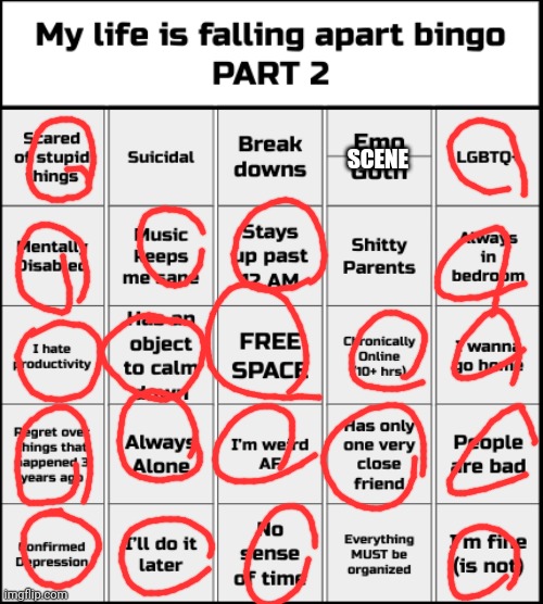 My life is falling apart bingo Part 2 | SCENE | image tagged in my life is falling apart bingo part 2 | made w/ Imgflip meme maker
