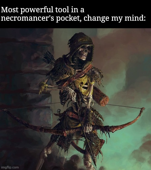 Skeleton archery | Most powerful tool in a necromancer's pocket, change my mind: | image tagged in skeleton archery | made w/ Imgflip meme maker