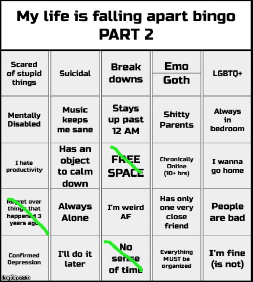 Pretty sure those two are the only normal things | image tagged in my life is falling apart bingo part 2 | made w/ Imgflip meme maker