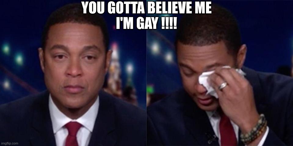 Don Lemon crying | YOU GOTTA BELIEVE ME

I'M GAY !!!! | image tagged in don lemon crying | made w/ Imgflip meme maker