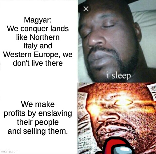 Magyar | Magyar:
We conquer lands like Northern Italy and Western Europe, we don't live there; We make profits by enslaving their people and selling them. | image tagged in memes,sleeping shaq | made w/ Imgflip meme maker