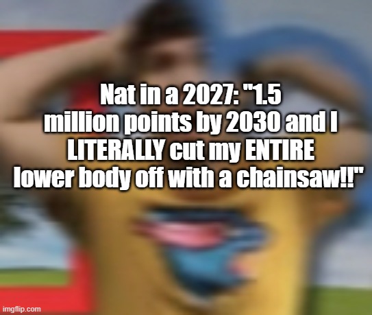 Mrbeast shocked | Nat in a 2027: "1.5 million points by 2030 and I LITERALLY cut my ENTIRE lower body off with a chainsaw!!" | image tagged in mrbeast shocked | made w/ Imgflip meme maker