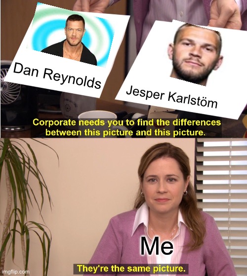 They look  like twins!! | Dan Reynolds; Jesper Karlstöm; Me | image tagged in memes,they're the same picture,imagine dragons | made w/ Imgflip meme maker
