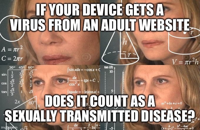 Does it? | IF YOUR DEVICE GETS A VIRUS FROM AN ADULT WEBSITE; DOES IT COUNT AS A SEXUALLY TRANSMITTED DISEASE? | image tagged in calculating meme | made w/ Imgflip meme maker