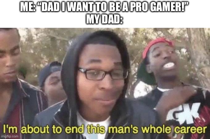 lol | ME: “DAD I WANT TO BE A PRO GAMER!”
MY DAD: | image tagged in i m about to end this man s whole career | made w/ Imgflip meme maker