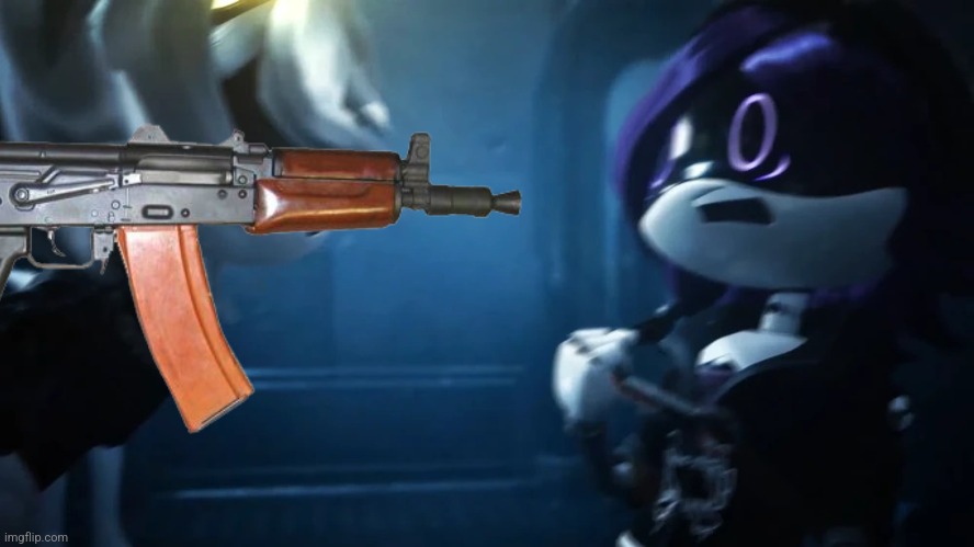 V scaring Uzi | image tagged in v scaring uzi | made w/ Imgflip meme maker