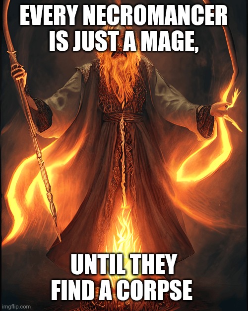 EVERY NECROMANCER IS JUST A MAGE, UNTIL THEY FIND A CORPSE | image tagged in wizard | made w/ Imgflip meme maker