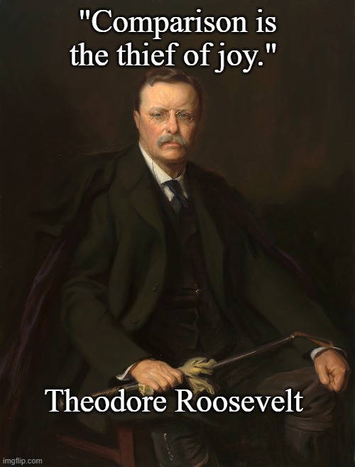 Happiness | "Comparison is the thief of joy."; Theodore Roosevelt | image tagged in teddy roosevelt,happiness,joy,comparison,self esteem | made w/ Imgflip meme maker