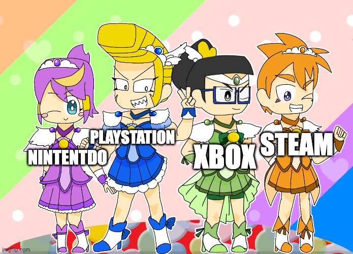 They're all great | PLAYSTATION; STEAM; XBOX; NINTENTDO | image tagged in nintendo,playstation,xbox,steam | made w/ Imgflip meme maker