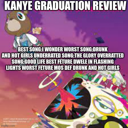 most popular stornger | KANYE GRADUATION REVIEW; BEST SONG:I WONDER WORST SONG:DRUNK AND HOT GIRLS UNDERRATED SONG:THE GLORY OVERRATTED SONG:GOOD LIFE BEST FETURE DWELE IN FLASHING LIGHTS WORST FETURE MOS DEF DRUNK AND HOT GIRLS | made w/ Imgflip meme maker