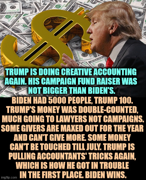 Trump lies again. Biden drew more money. | TRUMP IS DOING CREATIVE ACCOUNTING 
AGAIN. HIS CAMPAIGN FUND RAISER WAS 
NOT BIGGER THAN BIDEN'S. BIDEN HAD 5000 PEOPLE, TRUMP 100. 
TRUMP'S MONEY WAS DOUBLE-COUNTED, 
MUCH GOING TO LAWYERS NOT CAMPAIGNS.
SOME GIVERS ARE MAXED OUT FOR THE YEAR 
AND CAN'T GIVE MORE. SOME MONEY 
CAN'T BE TOUCHED TILL JULY. TRUMP IS 
PULLING ACCOUNTANTS' TRICKS AGAIN, 
WHICH IS HOW HE GOT IN TROUBLE 
IN THE FIRST PLACE. BIDEN WINS. | image tagged in trump with his best only friend the almighty dollar,biden,obama,trump,failure,liar | made w/ Imgflip meme maker