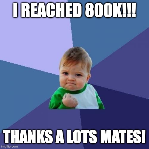 THX A LOT YALLL! | I REACHED 800K!!! THANKS A LOTS MATES! | image tagged in memes,success kid,funny,ginger | made w/ Imgflip meme maker